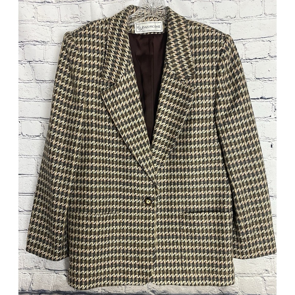Evan Picone Vintage Women's Houndstooth Blazer 100% Wool Size 14 Pockets!